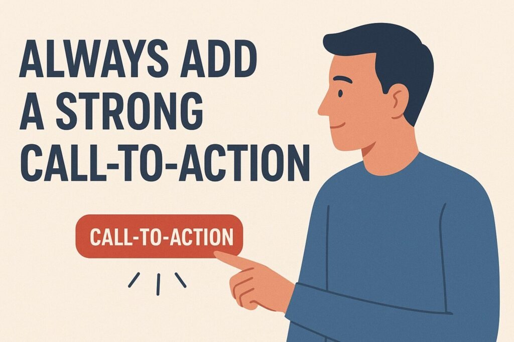 Illustration of a man in a blue sweater pointing at a large red button labeled "Call-to-Action," with bold text on the left that reads "Always Add a Strong Call-to-Action."