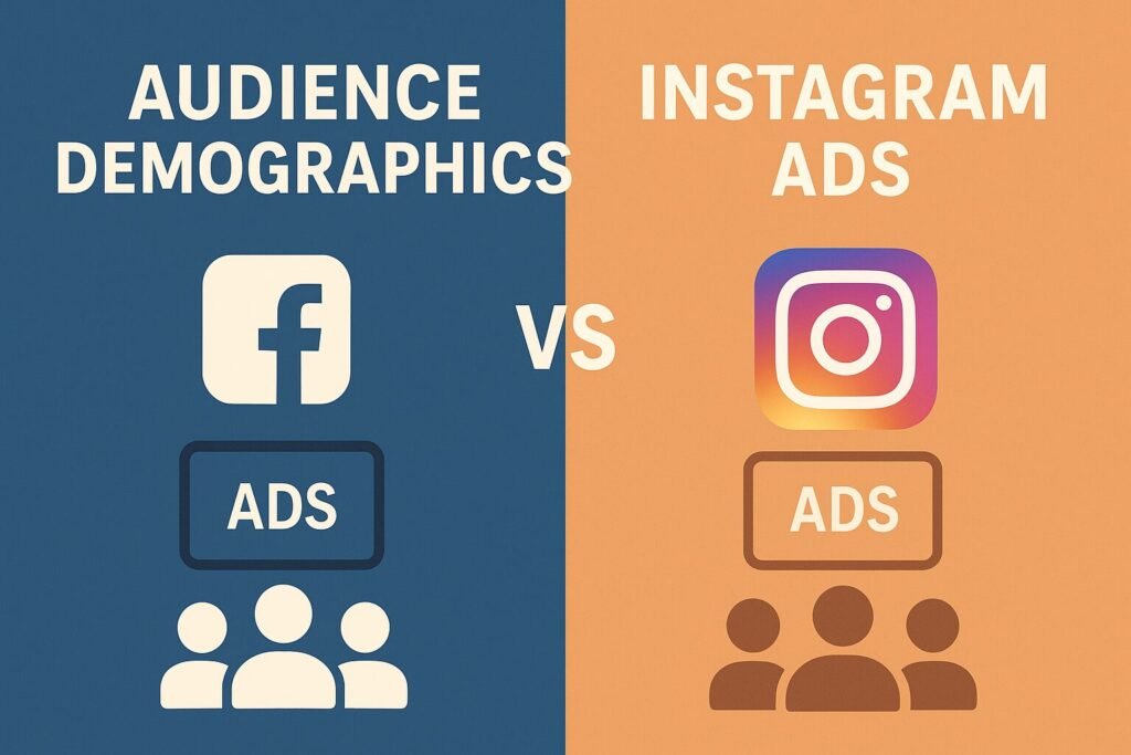 A split-screen flat design illustration comparing audience demographics for Facebook Ads and Instagram Ads. The left side, in blue, shows the Facebook logo above an “ADS” display and three user icons. The right side, in orange, shows the Instagram logo above an “ADS” display and three user icons. The large text reads: “Audience Demographics Facebook Ads vs Instagram Ads.”