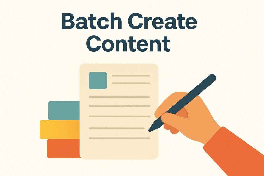 A flat design illustration with the text “Batch Create Content” at the top. Below, a hand holding a dark blue pen writes on a sheet of paper with lines and a square graphic, while a stack of three colorful content blocks in teal, yellow, and orange sits behind the paper.