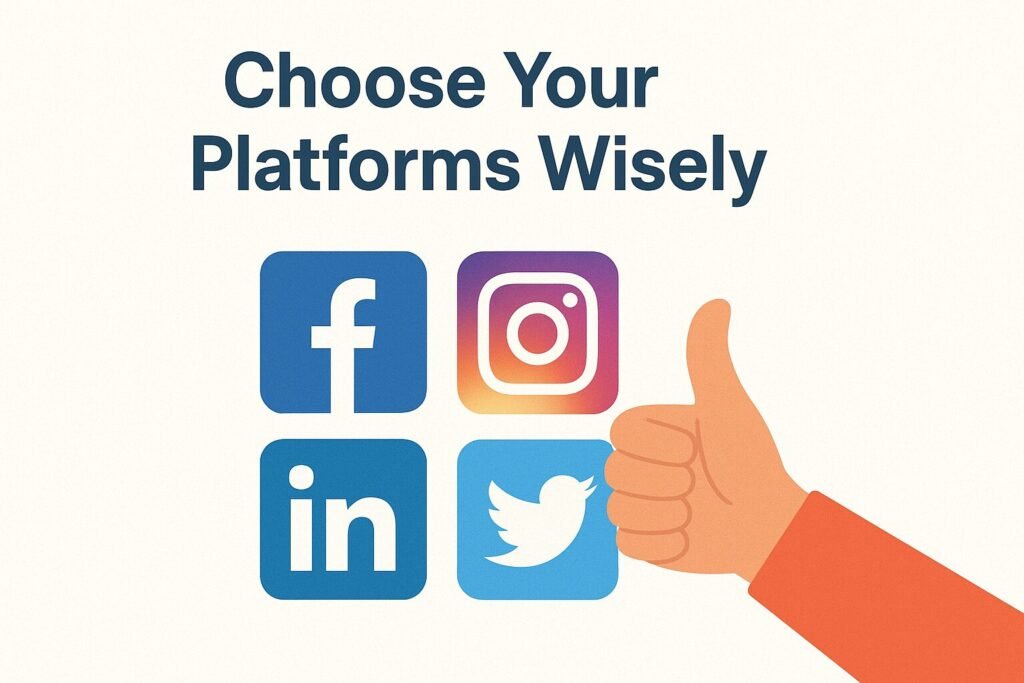 A flat design illustration with the text “Choose Your Platforms Wisely” at the top. Below, four social media icons—Facebook, Instagram, LinkedIn, and Twitter—are arranged in a grid. To the right, a hand gives a thumbs-up gesture.