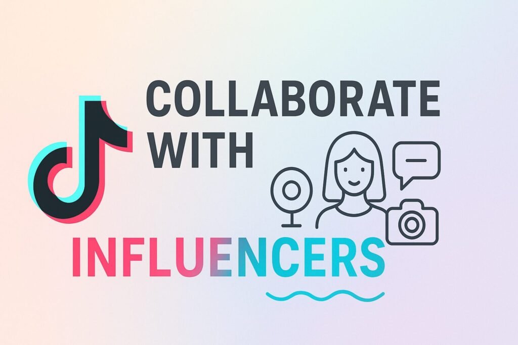 TikTok logo with bold text 'Collaborate with Influencers' on a soft pastel gradient background, featuring line illustrations of a female influencer, a ring light, a camera, and a chat bubble, with the word 'Influencers' highlighted in TikTok’s pink and cyan colors.