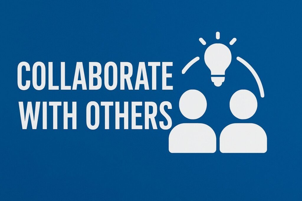 Featured article banner with the text ‘Collaborate with Others’ on a blue background, alongside icons of two people connected under a lightbulb symbolizing shared ideas and teamwork.