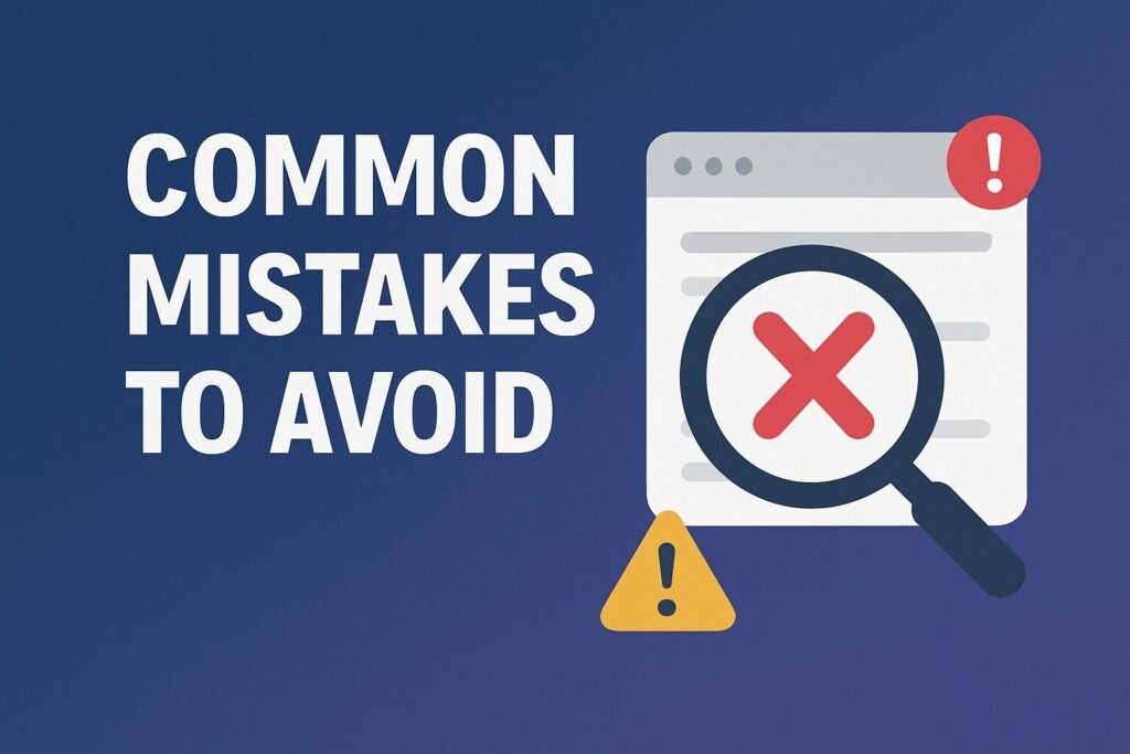 A flat-style digital illustration with a blue gradient background. On the left, bold white text reads “Common Mistakes to Avoid.” On the right, a stylized warning triangle icon with an exclamation mark, alongside abstract elements like crossed-out signs and small error icons, symbolizing SEO pitfalls and errors to watch out for.