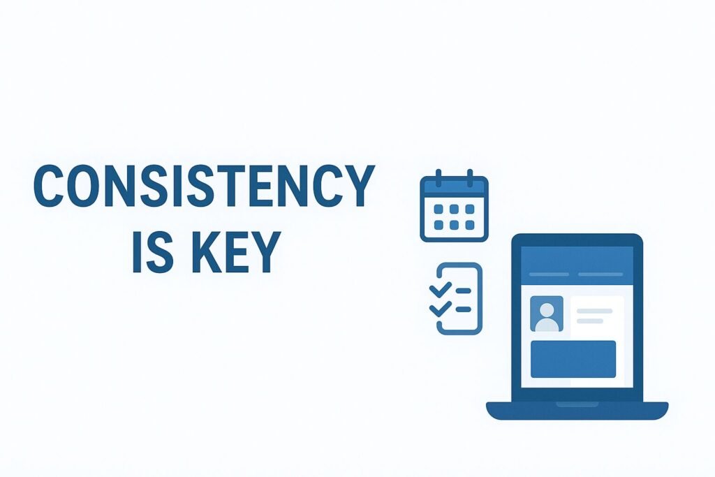 Flat-style digital illustration with the phrase ‘Consistency is Key’ in bold blue letters, centered at the top left with wide margins. On the right, a laptop displays a LinkedIn-style feed, surrounded by icons of a calendar, a checklist, and repeat arrows, symbolizing regular posting and reliability. Minimal, professional design in LinkedIn’s blue and white tones, 16:9 orientation.
