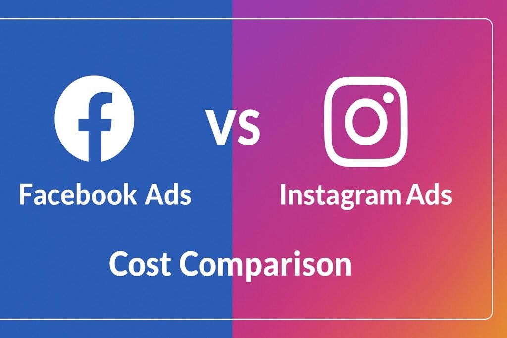 A side-by-side comparison graphic showing Facebook Ads versus Instagram Ads. The left half has a blue background with the Facebook logo and text “Facebook Ads,” while the right half has a purple-to-orange gradient with the Instagram logo and text “Instagram Ads.” In the center is “VS,” and at the bottom, the text reads “Cost Comparison.”