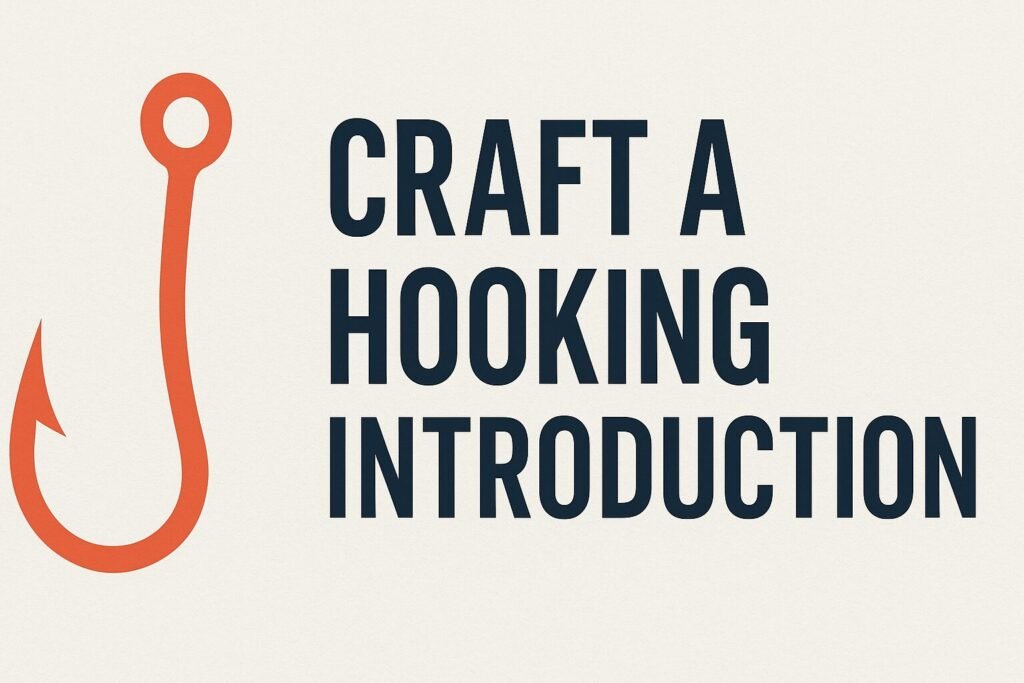 A minimalist 2D graphic design with the phrase “CRAFT A HOOKING INTRODUCTION” in bold navy blue capital letters on a light beige background, accompanied by a large red-orange fishing hook icon on the left side.