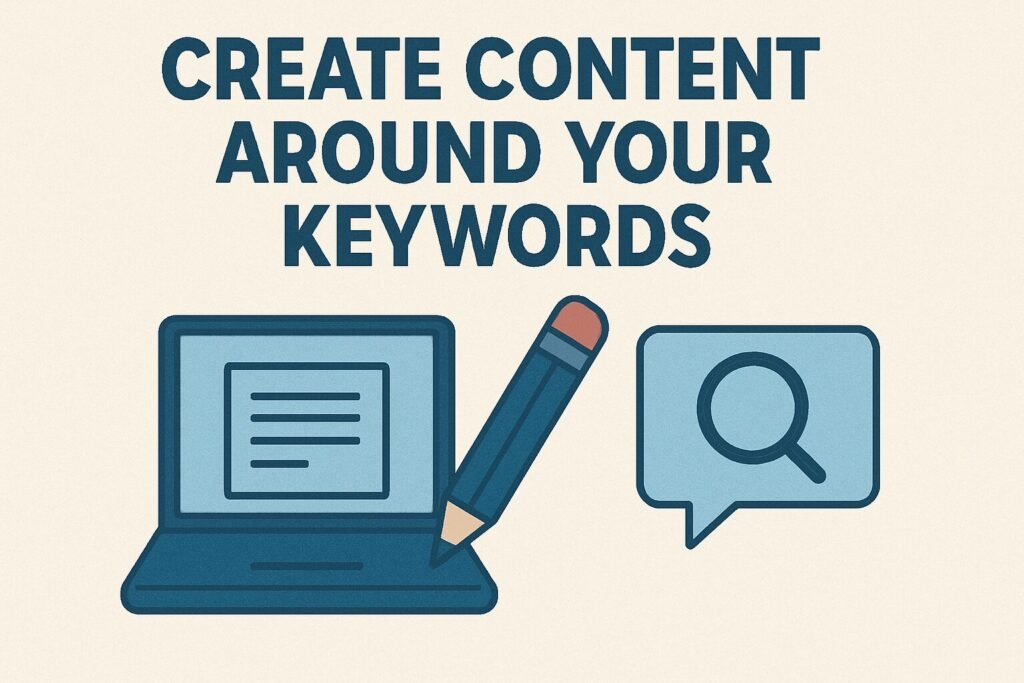 Flat-style illustration with the text 'Create Content Around Your Keywords' above a laptop, pencil, and speech bubble containing a magnifying glass icon on a beige background