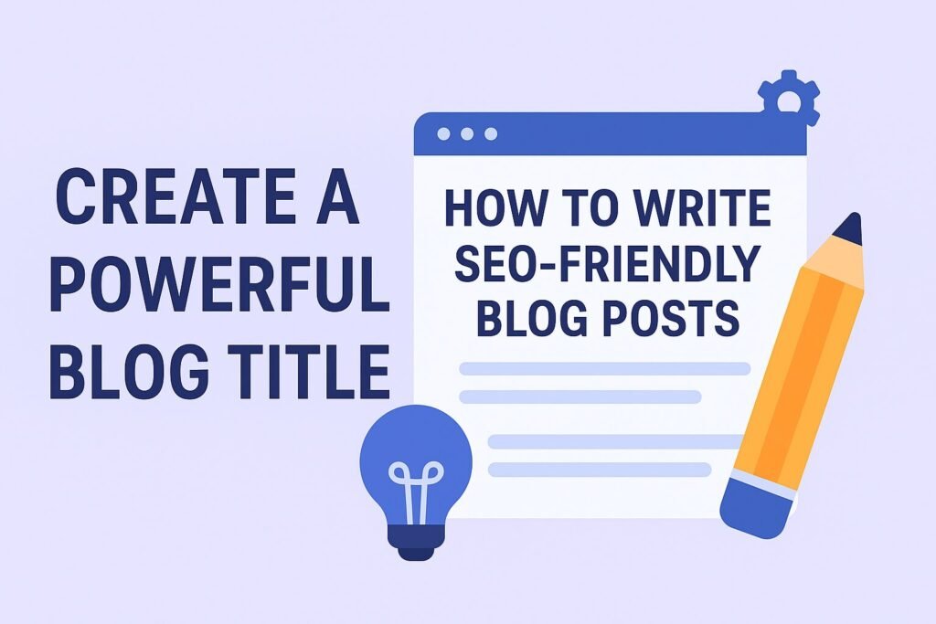 Infographic showing tips for creating a powerful blog title, emphasizing clarity, keywords, emotional appeal, and reader engagement.