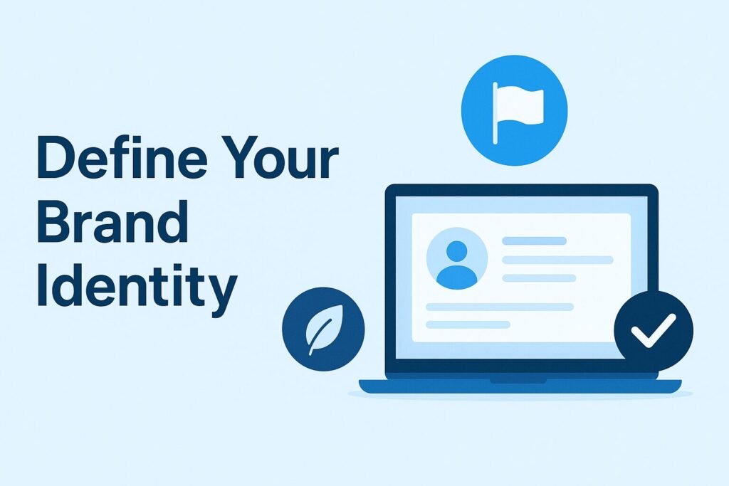 A flat digital illustration with the text “Define Your Brand Identity” on the left in bold dark blue font. On the right, a laptop screen displays a simplified LinkedIn-style profile. Surrounding the laptop are blue icons including a flag, a leaf, and a checkmark, symbolizing identity, values, and authenticity. The design uses light blue and dark blue tones for a professional look.