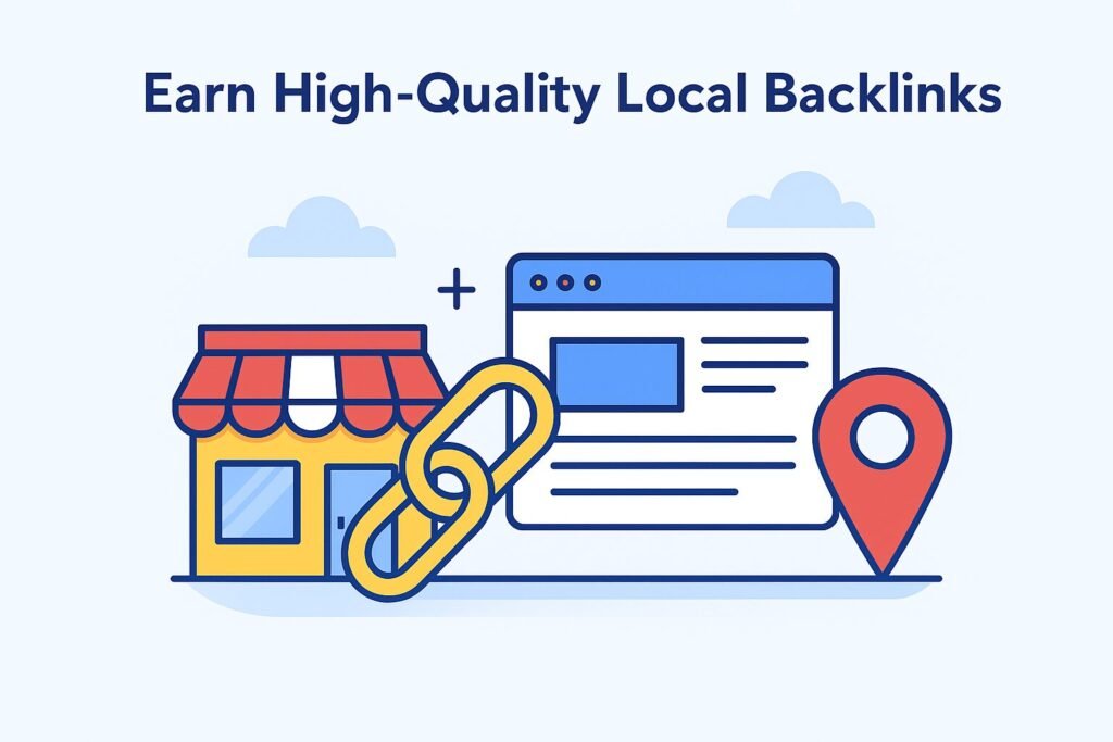 Flat-style illustration showing a local business connected by link chains to nearby shops, cafes, and community icons, symbolizing earning high-quality local backlinks.