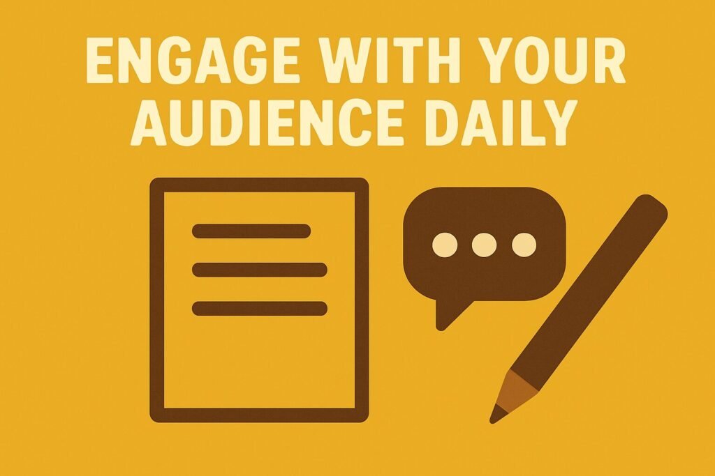 A flat-style digital graphic design with a mustard-yellow background and bold cream text at the top that reads “ENGAGE WITH YOUR AUDIENCE DAILY.” Below the text are three icons: a brown outlined document with text lines, a dark brown speech bubble with three cream dots, and a brown pencil, representing daily interaction and communication.