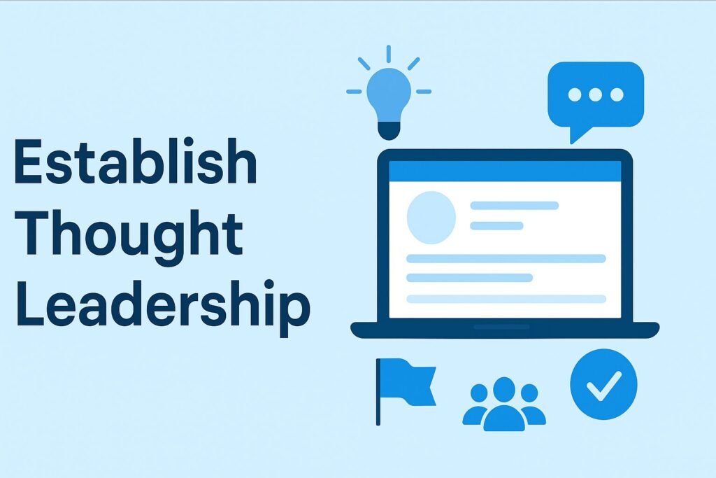 A flat-style digital illustration with the heading “Establish Thought Leadership” clearly displayed on the left. On the right, a laptop screen shows a LinkedIn-style post with engagement icons such as likes and comments. Surrounding the laptop are blue icons including a lightbulb, a speech bubble, and a group of people, symbolizing expertise, influence, and professional community engagement. The design uses LinkedIn’s signature blue and white color palette in a clean 16:9 layout.