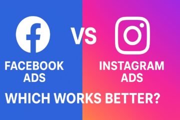 A split-screen graphic comparing Facebook Ads and Instagram Ads. The left side has a blue background with the Facebook logo and text “Facebook Ads,” while the right side features a pink-to-orange gradient background with the Instagram logo and text “Instagram Ads.” In the center, the word “VS” appears, and at the bottom, the text reads “Which Works Better?”