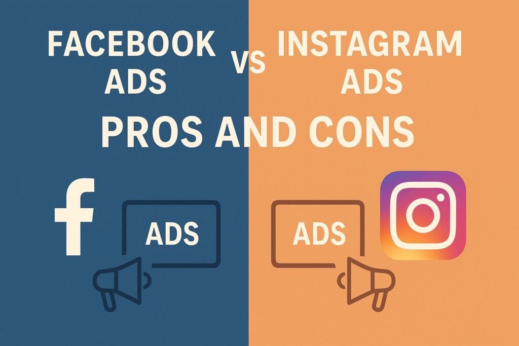 A split-screen flat design illustration comparing Facebook Ads and Instagram Ads. The left side, in blue, shows the Facebook logo, a megaphone icon, and a display labeled “ADS.” The right side, in orange, shows the Instagram logo, a megaphone icon, and a similar display labeled “ADS.” The large text across the top reads: “Facebook Ads vs Instagram Ads Pros and Cons.”