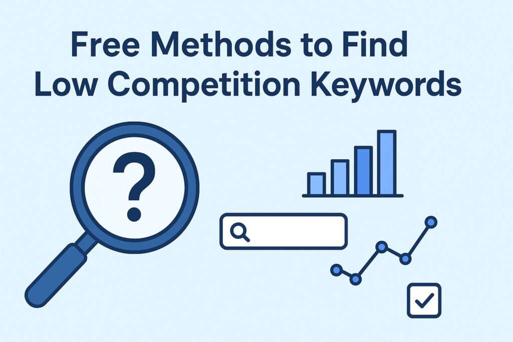 Flat design illustration with a glowing light bulb, magnifying glass, and search-related icons, representing free methods to find low competition keywords.