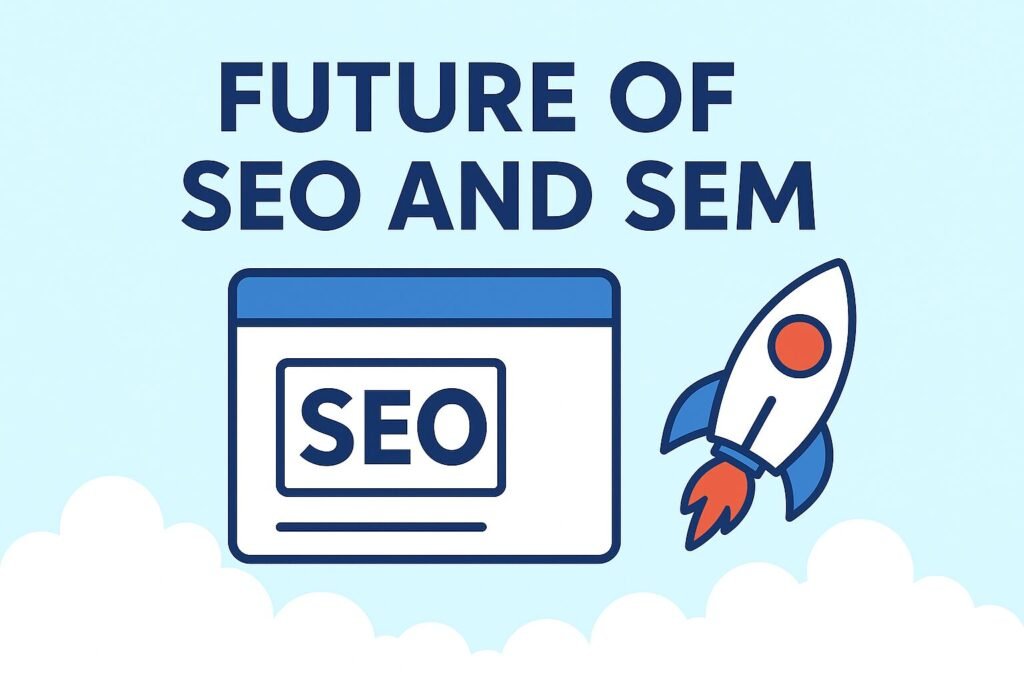 A flat 2D digital illustration with a light blue sky and white clouds background. At the top, bold navy text reads “FUTURE OF SEO AND SEM.” Below, a stylized browser window labeled “SEO” is shown on the left, while on the right a rocket with orange accents is launching upward, symbolizing growth, innovation, and the forward-looking nature of SEO and SEM.
