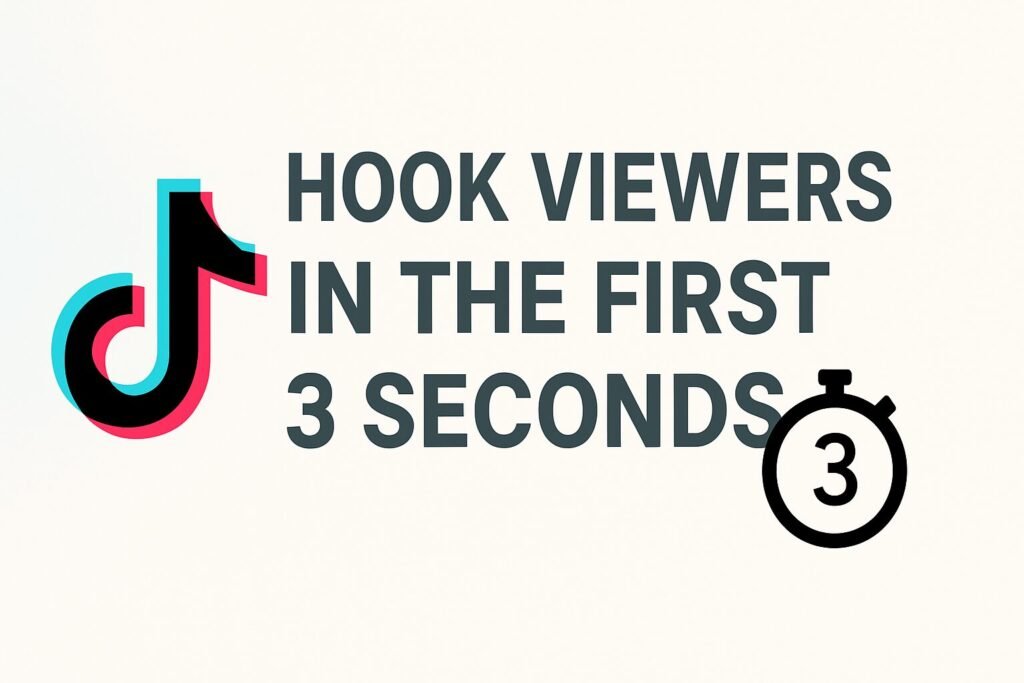 TikTok logo on the left with bold dark gray text reading 'Hook Viewers in the First 3 Seconds' on a light background, alongside a black stopwatch icon with the number 3 inside on the right.