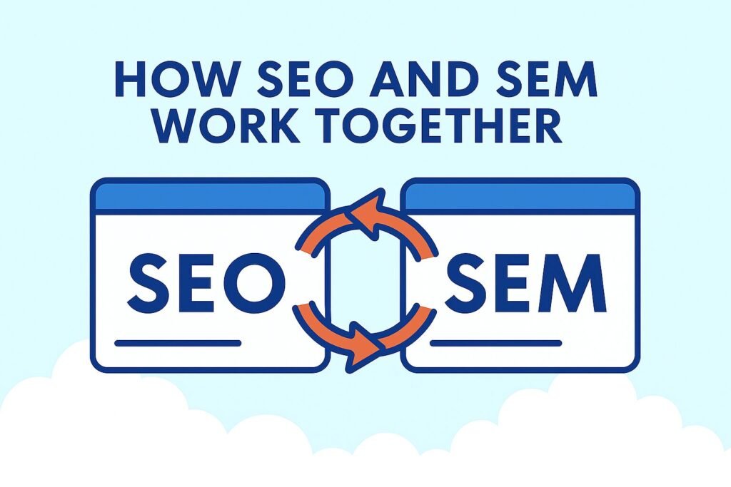 A flat 2D digital illustration with a light blue sky and white clouds background. At the top, bold text reads “HOW SEO AND SEM WORK TOGETHER.” Below, two browser window icons are shown side by side: the left labeled “SEO” and the right labeled “SEM.” Between them, two orange circular arrows connect the two windows, symbolizing collaboration and integration