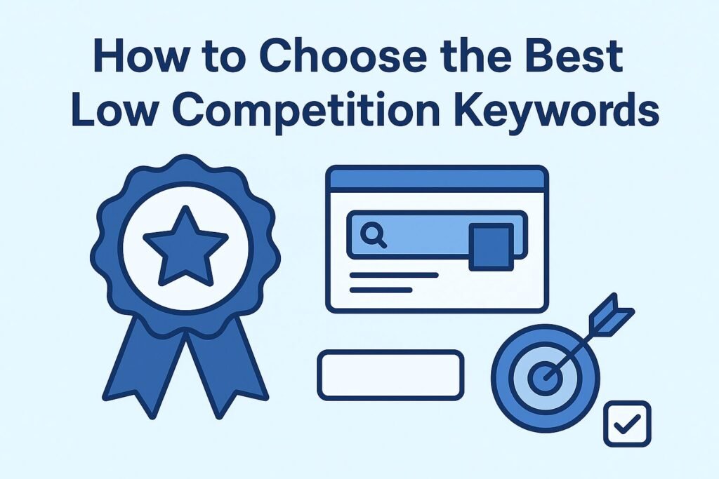 Flat-style illustration with text 'How to Choose the Best Low Competition Keywords' featuring icons of a ribbon badge with a star, a web browser window with a search bar, a target with an arrow, and a checkmark, all in blue on a light background.