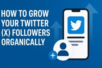 Featured article banner with the text ‘How to Grow Your Twitter (X) Followers Organically’ on a blue background, alongside an illustration of a smartphone displaying the Twitter logo, upward arrows, and a follower icon.
