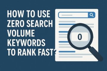 A digital illustration with a navy blue background showing the text “How to Use Zero Search Volume Keywords to Rank Fast?” on the left side. On the right side, there is a graphic of a search engine results page with a magnifying glass highlighting the number “0".