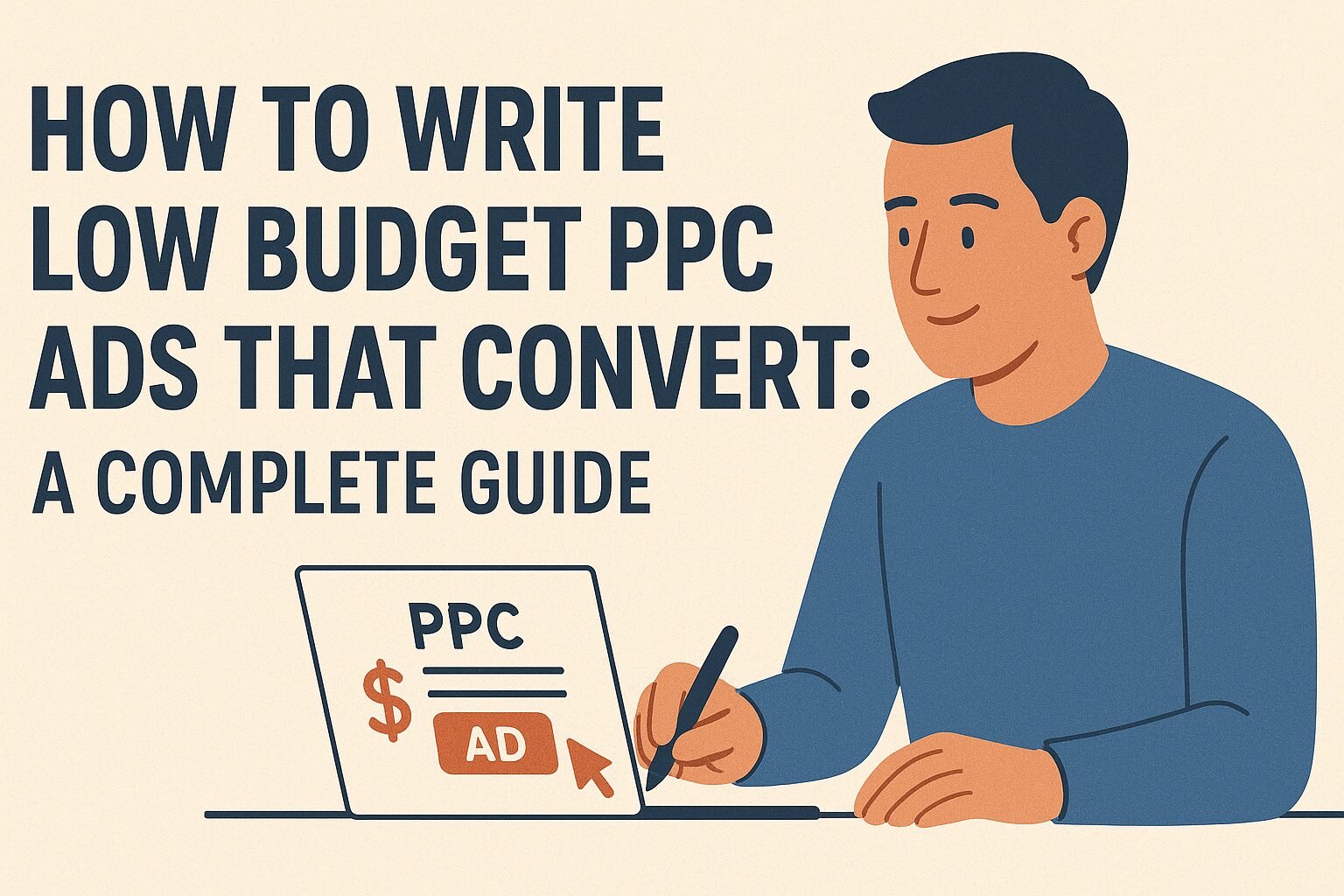 Illustration of a man in a blue sweater writing on a tablet displaying a PPC ad with a red button and cursor, alongside bold text that reads "How to Write Low Budget PPC Ads That Convert: A Complete Guide."