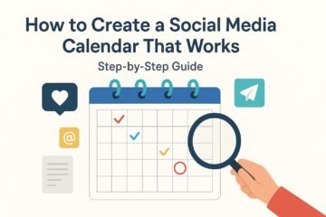 A flat design illustration showing a calendar with checkmarks and a circled date, surrounded by social media icons like a heart, @ symbol, and paper airplane. A hand holding a magnifying glass highlights a section of the calendar, with the title text “How to Create a Social Media Calendar That Works – Step-by-Step Guide” above