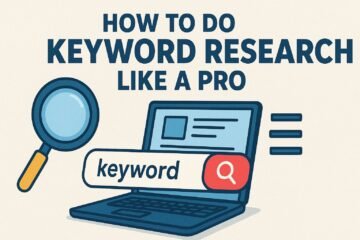 Flat-style illustration of a magnifying glass, laptop, and search bar with the word 'keyword' inside, alongside bold text that reads 'How to Do Keyword Research Like a Pro' on an off-white background.