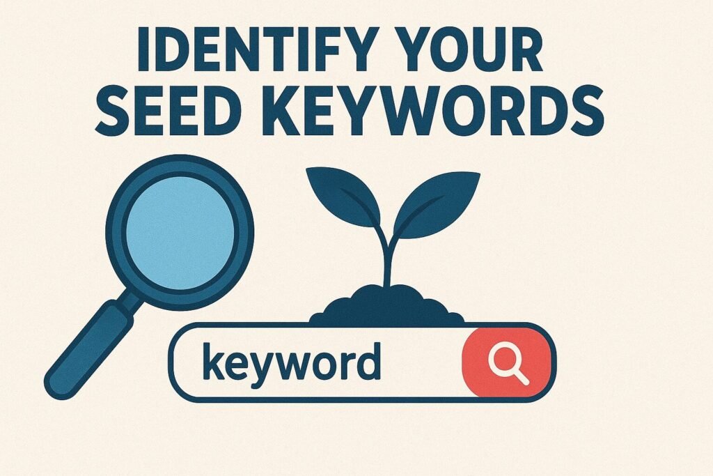 Flat-style illustration with the text 'Identify Your Seed Keywords' above a magnifying glass, a small sprouting plant, and a search bar containing the word 'keyword' with a red search icon.