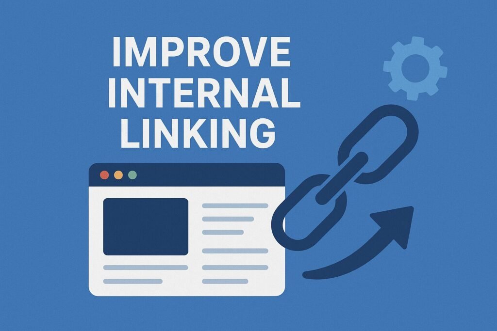 Flat design illustration showing a web browser window with a large chain link icon and upward arrow, symbolizing improved internal linking for SEO