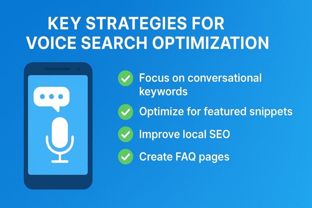 Flat-style illustration showing icons of a smartphone with microphone, search bar, and digital assistant, representing key strategies for voice search optimization on a blue background.