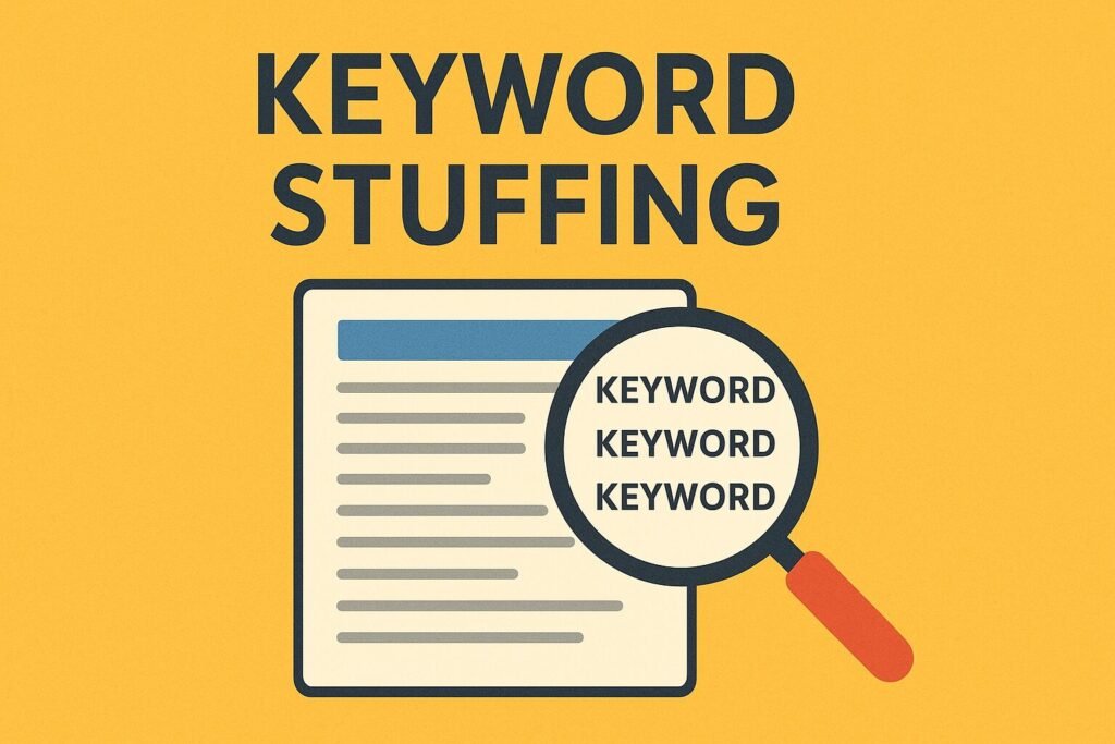 Illustration of keyword stuffing in SEO showing a magnifying glass highlighting repeated words 'keyword' on a document.