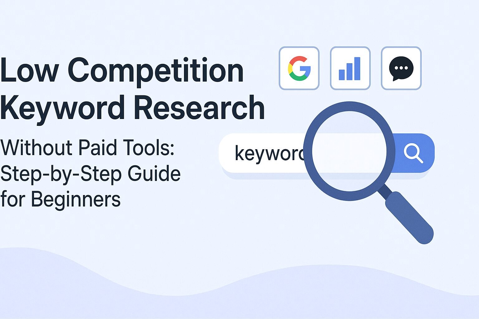 Flat design illustration showing a step-by-step digital keyword research concept with magnifying glass, charts, graphs, and abstract icons, representing low competition keyword research without paid tools.