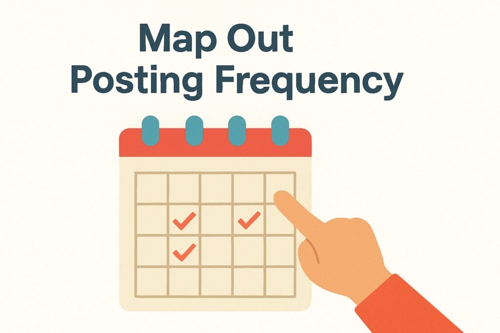 A flat design illustration with the text “Map Out Posting Frequency” at the top. Below, a calendar with red checkmarks on selected dates is shown, while a hand in an orange sleeve points to one of the marked dates.