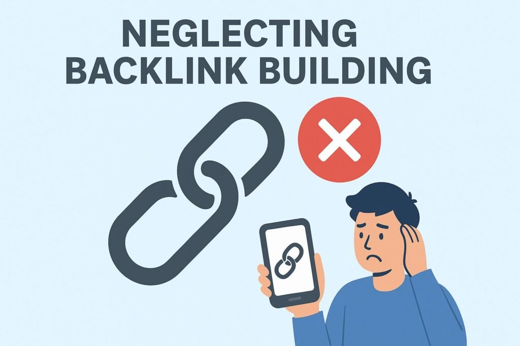Flat style illustration showing neglecting backlink building with a broken chain link and disconnected websites symbolizing weak SEO authority.