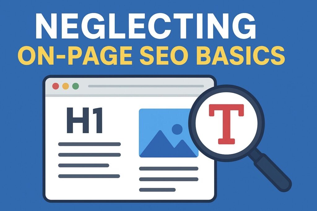 Flat design illustration showing neglected on-page SEO basics with missing title tags, meta descriptions, and broken headings on a webpage.