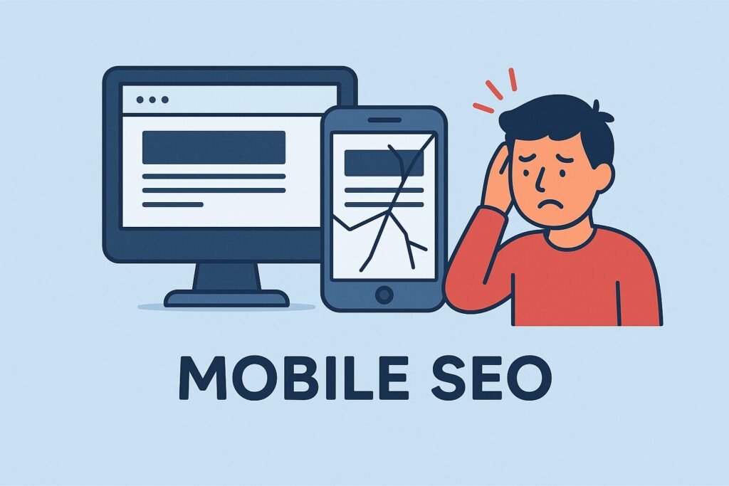 Flat style illustration showing poor mobile optimization with a frustrated user holding a smartphone displaying a broken, unreadable website layout