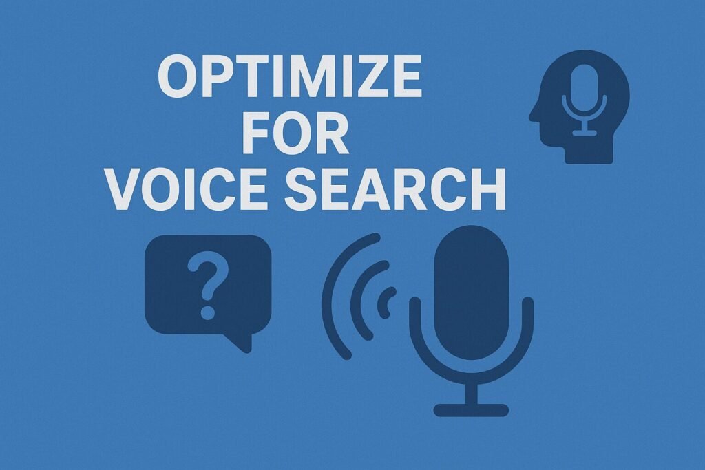 Flat illustration with bold text 'Optimize for Voice Search', featuring a microphone icon with sound waves, a speech bubble with a question mark, and a head silhouette with a mic symbol.