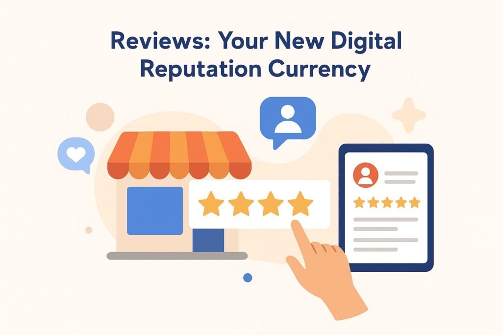Flat-style illustration of customers leaving online reviews with star ratings, speech bubbles, and mobile devices, representing reviews as the new digital reputation currency.