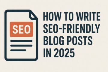 A flat 2D graphic design with the title “HOW TO WRITE SEO-FRIENDLY BLOG POSTS IN 2025” in bold navy blue capital letters on a light beige background, featuring a document icon on the left with a red-orange “SEO” label and navy blue text lines.