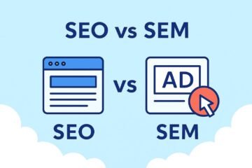 Illustration comparing SEO and SEM with web browser and ad icons, set against a light blue background with white clouds at the bottom.