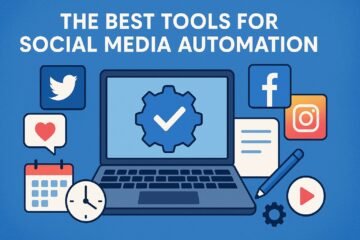 Digital illustration in blue tones showing a laptop with a cogwheel and checkmark on its screen, surrounded by social media icons (Twitter, Facebook, Instagram), a calendar, a clock, a heart in a chat bubble, a play button, a gear, and a pencil. Text at the top reads: "The Best Tools for Social Media Automation.