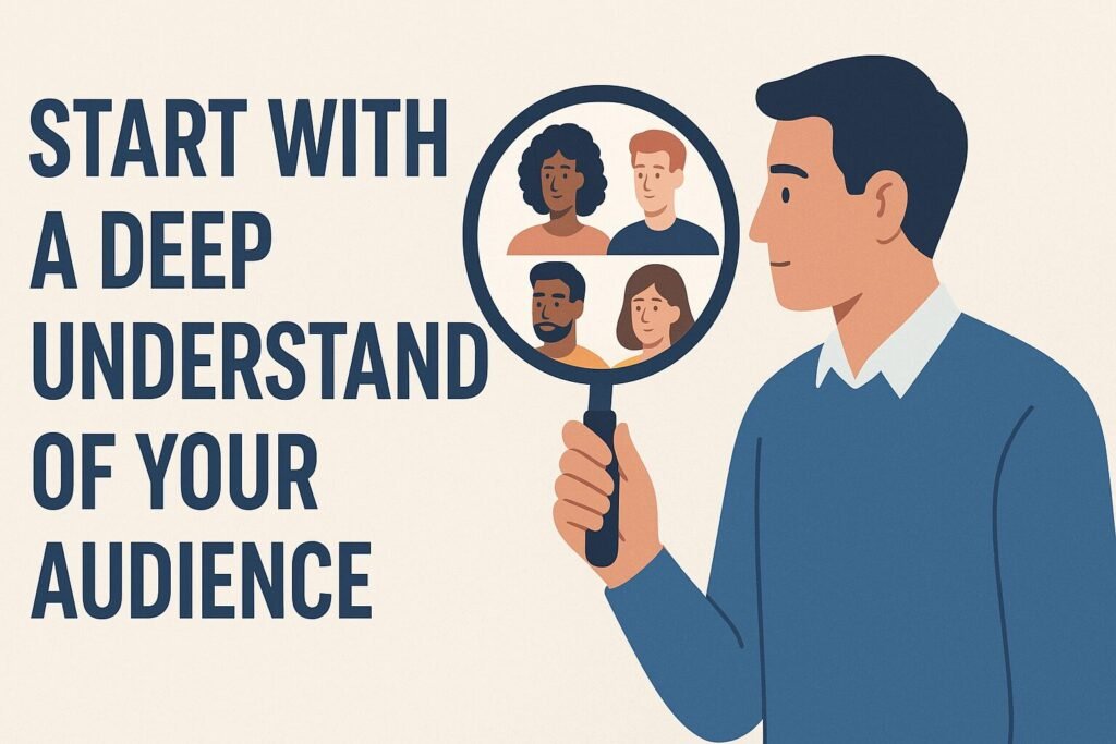 Illustration of a man holding a magnifying glass, focusing on diverse audience members, with bold text on the left that reads "Start With a Deep Understanding of Your Audience."