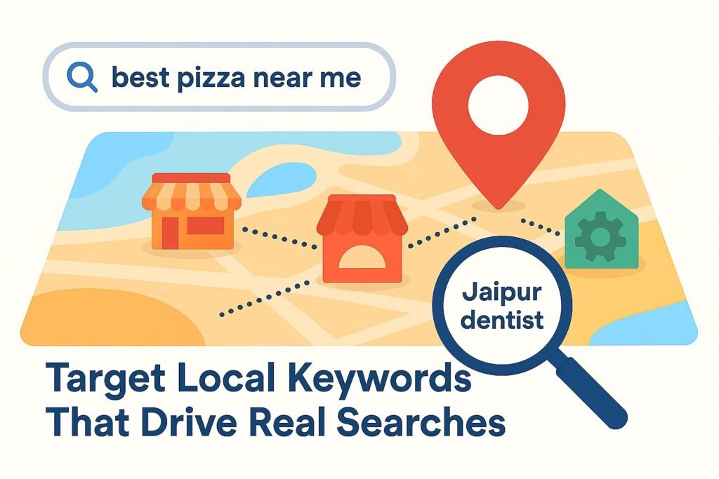 An infographic showing the importance of targeting local keywords. It features a search bar with the text “best pizza near me,” a map with business icons like shops and services, a large red location pin, and a magnifying glass highlighting the keyword “Jaipur dentist.” The caption reads: “Target Local Keywords That Drive Real Searches.