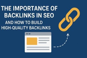 Infographic with the title “The Importance of Backlinks in SEO and How to Build High-Quality Backlinks,” featuring a yellow link icon, a web page illustration, and an upward arrow symbolizing SEO growth, on a dark blue background.