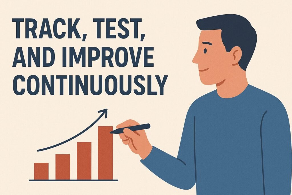 Illustration of a man in a blue sweater writing on a rising bar graph with an upward arrow, alongside bold text on the left that reads "Track, Test, and Improve Continuously."