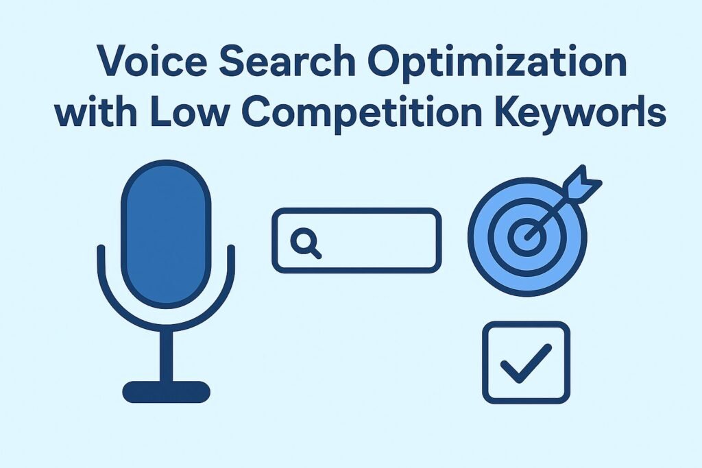 Flat-style illustration with text 'Voice Search Optimization with Low Competition Keywords' showing icons of a microphone, a search bar, a target with an arrow, and a checkmark, all in blue on a light background.