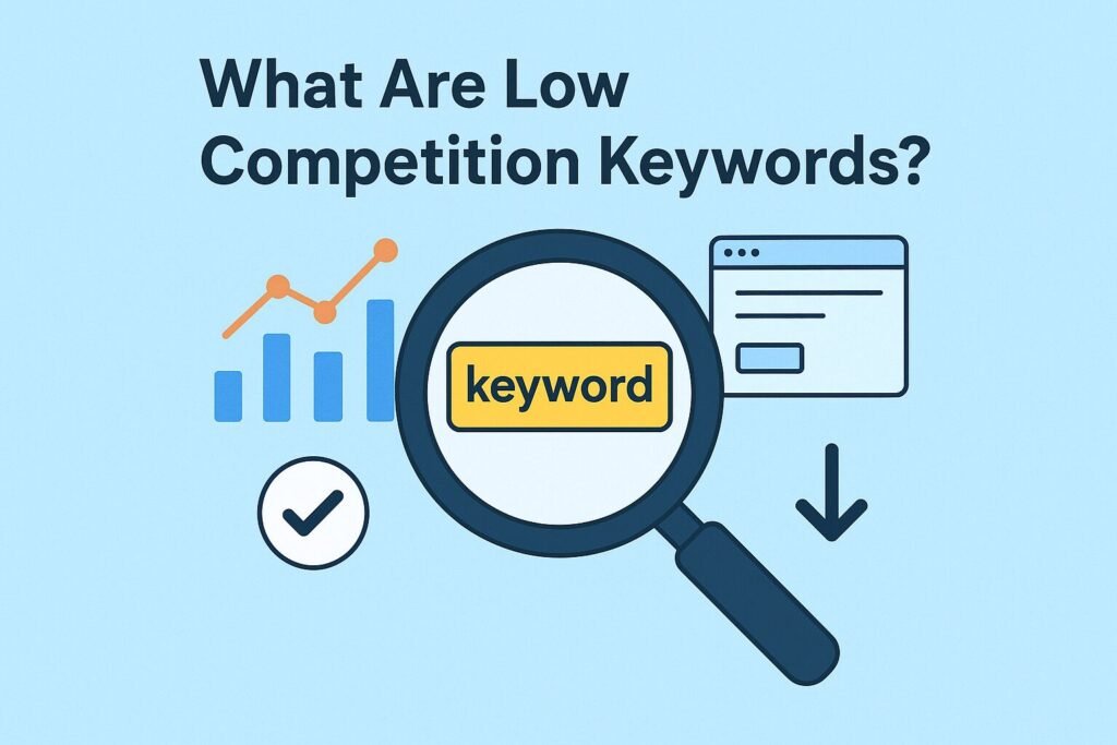 Flat design illustration of a magnifying glass highlighting a question mark over search bars and charts, symbolizing the concept of low competition keywords in SEO.