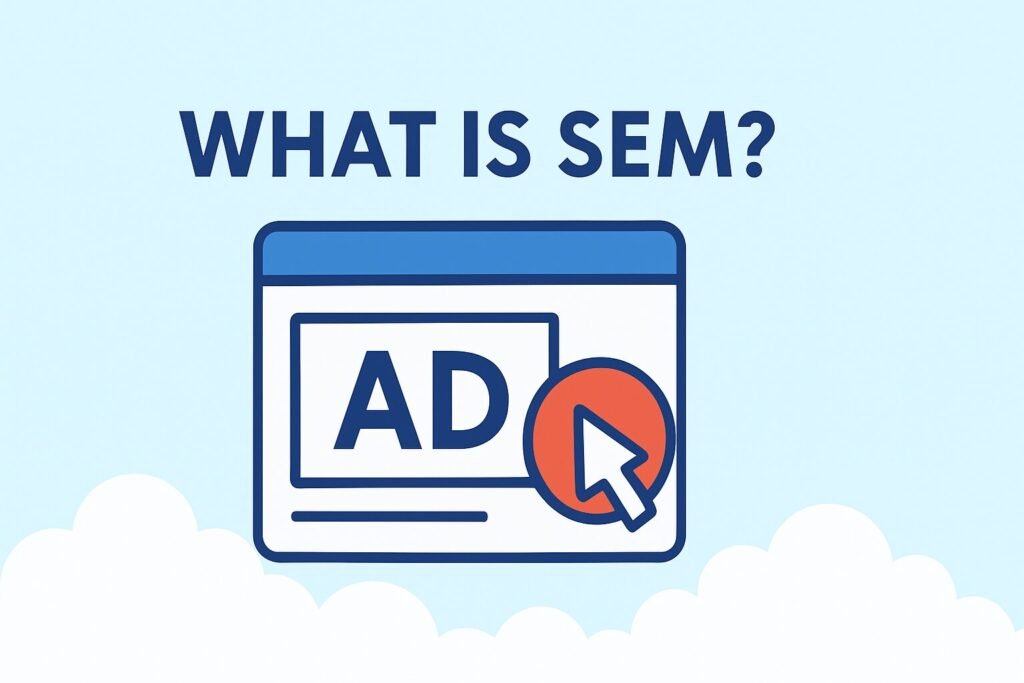 Flat-style illustration in 169 landscape showing the text 'WHAT IS SEO' above a stylized web browser window with a search bar, set against a light blue background with white clouds at the bottom.