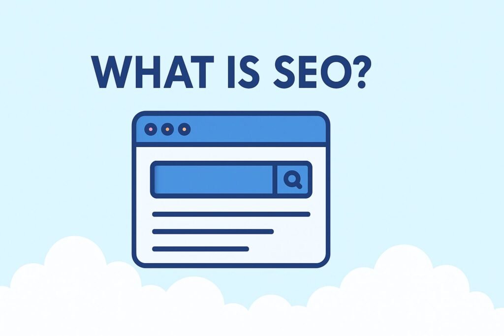 Flat-style illustration in 16:9 landscape showing the text 'WHAT IS SEO?' above a stylized web browser window with a search bar, set against a light blue background with white clouds at the bottom. SEO vs SEM